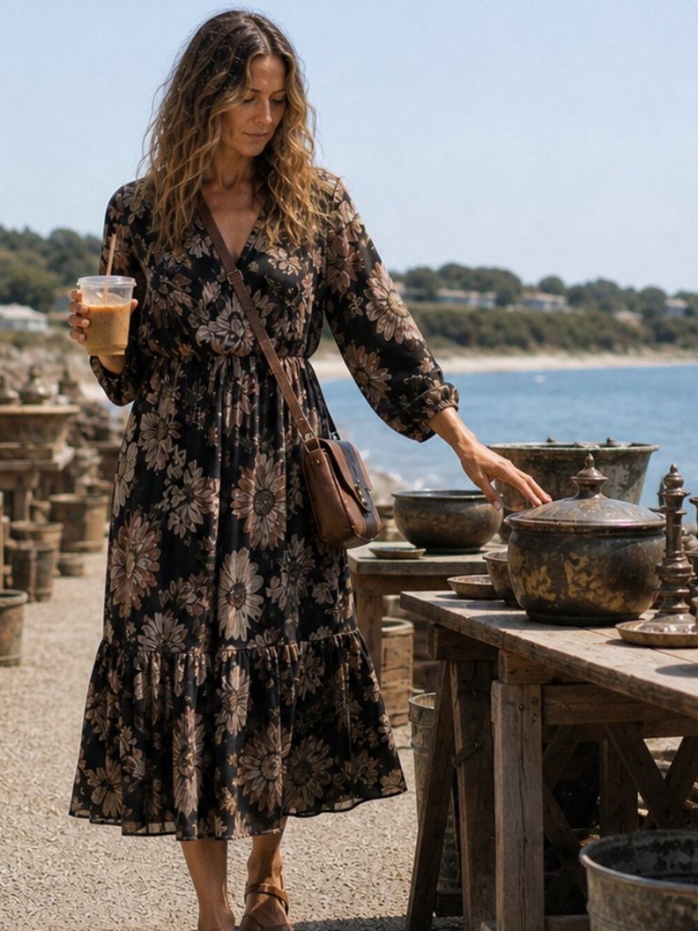 Noa Noa Floral Midi Dress Black Beige Organic Cotton V Neck Long Sleeve Small